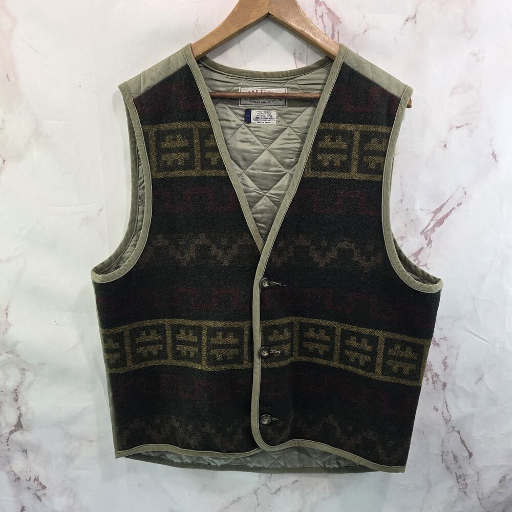 Vintage Wool Vest Mens Large Green Aztec Southwestern Quilted Pure Stuff Blanket